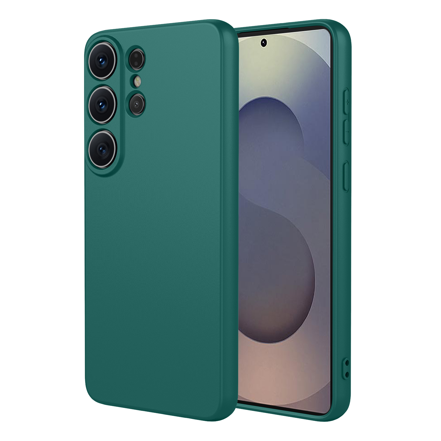 Een groene telefoonhoes ligt naast een telefoon met abstracte achtergrond.