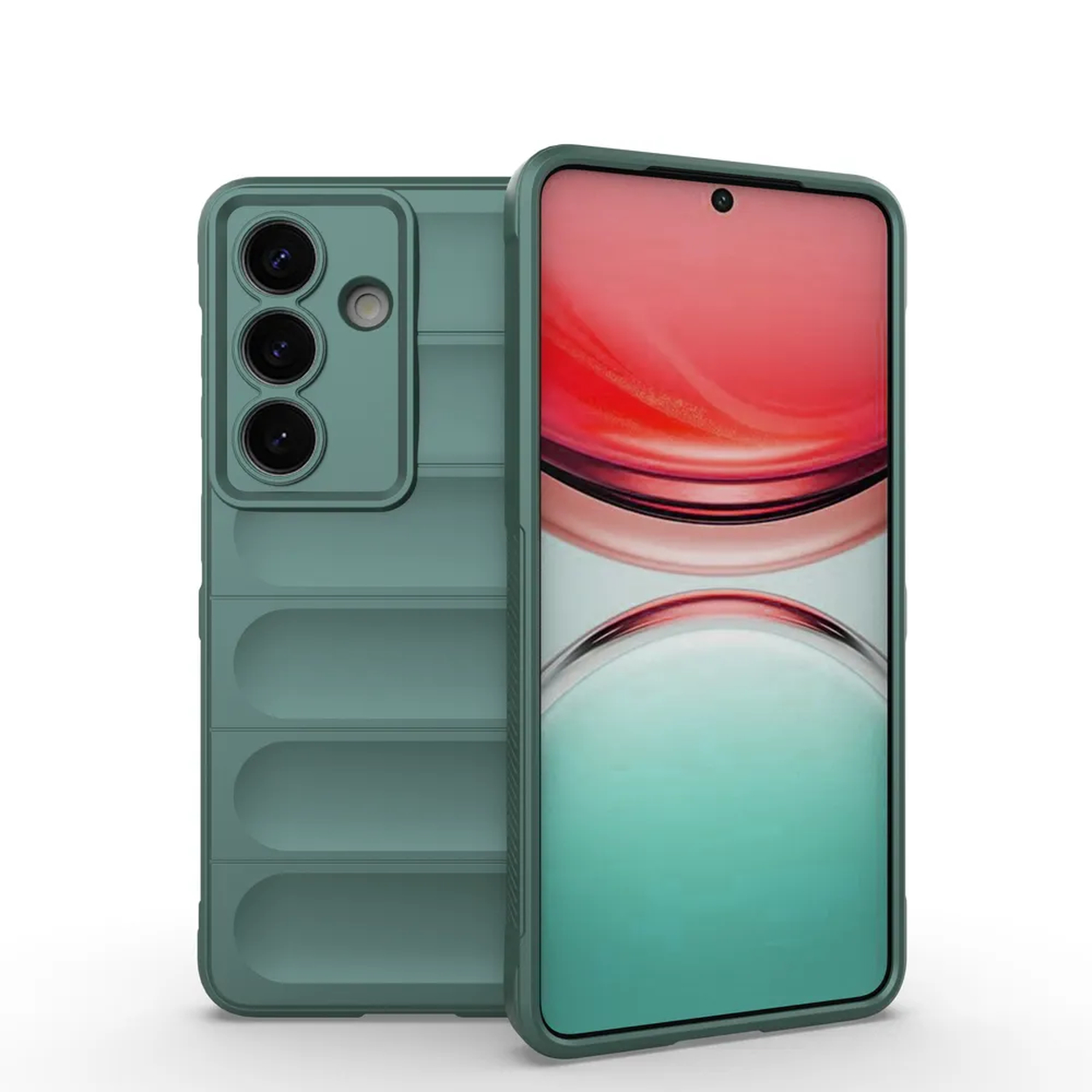 Une coque de téléphone verte avec trois caméras et un téléphone affichant un fond rouge et bleu.