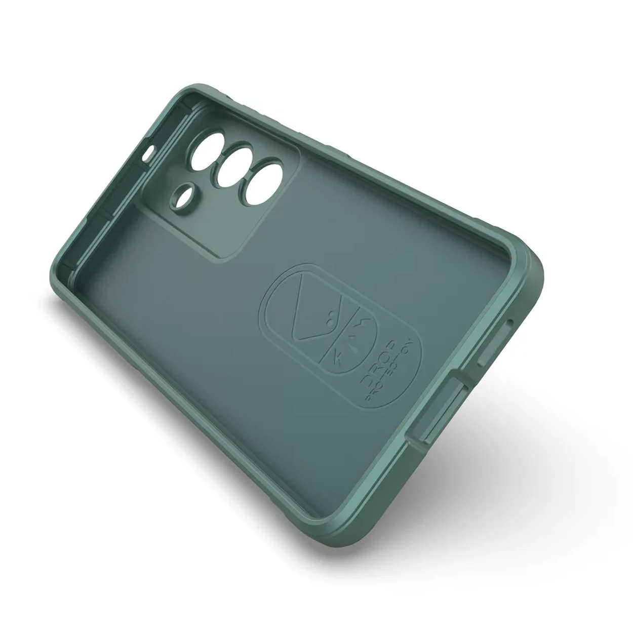 Coque de téléphone vert foncé avec découpes pour appareil photo et boutons.