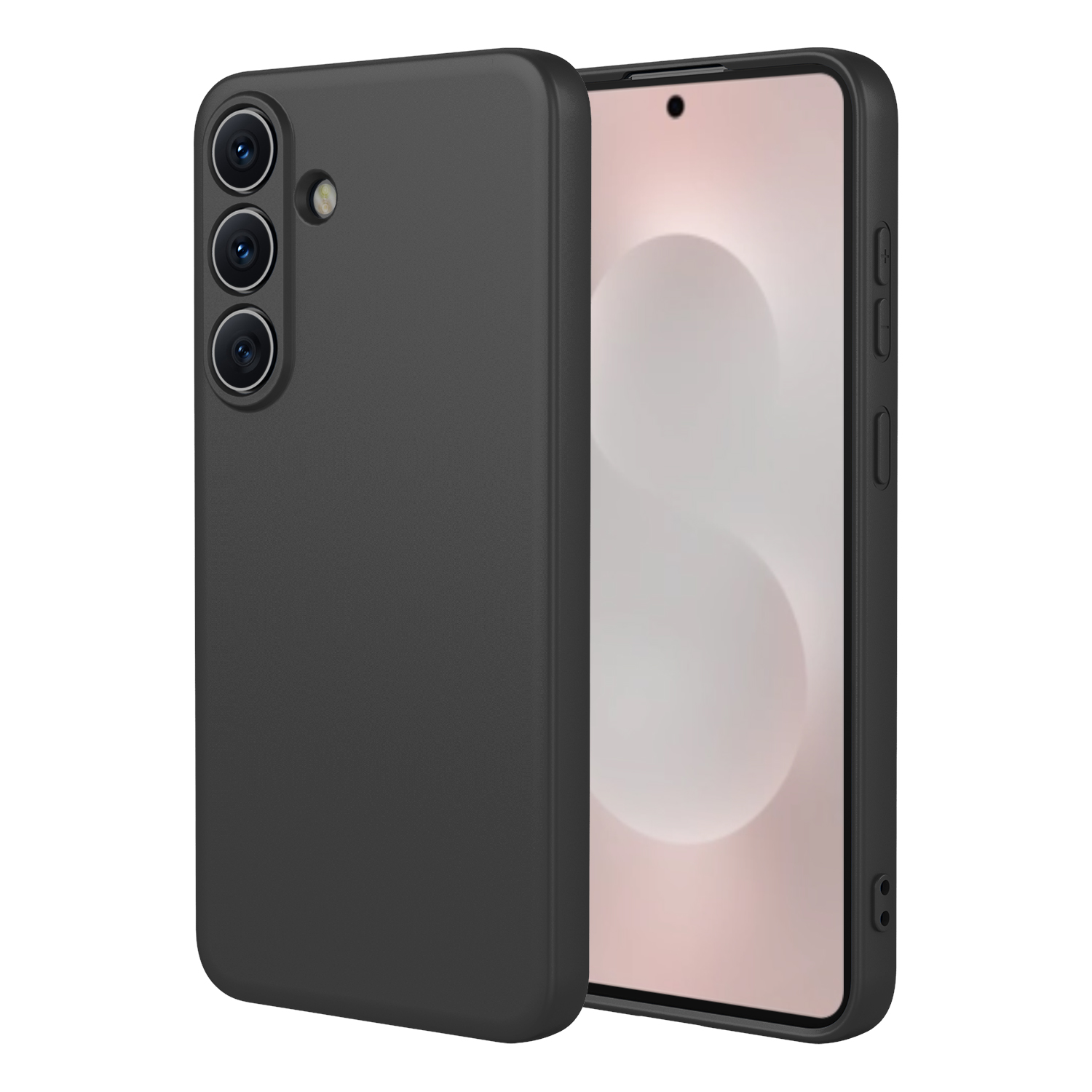 Zwarte telefoonhoes met drie cameralenzen en flitser.