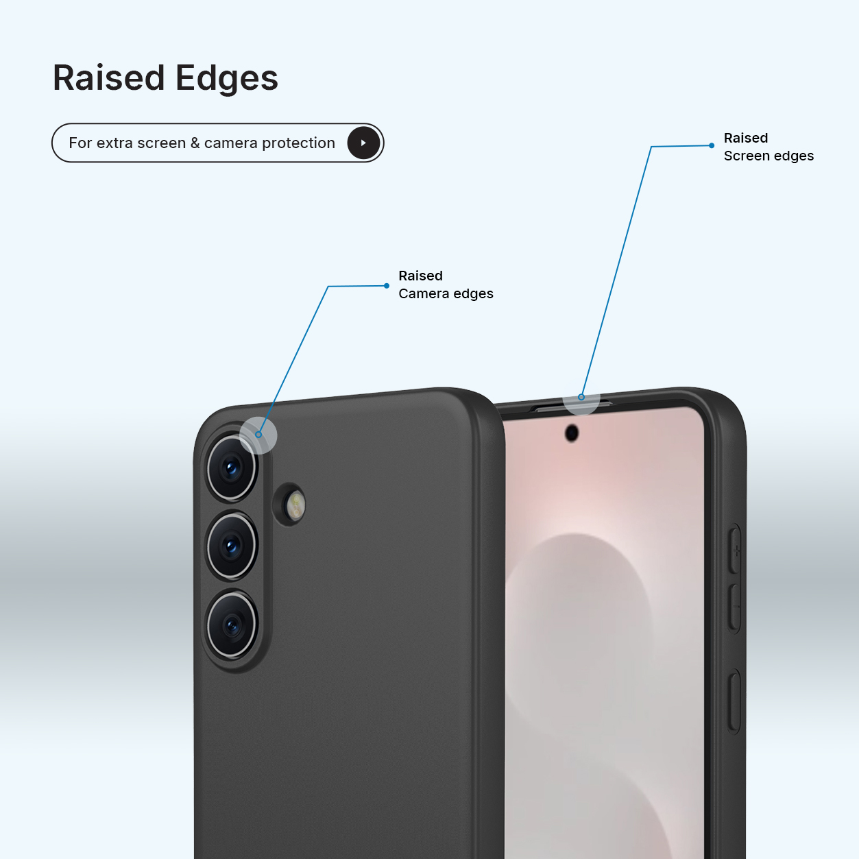 Zwarte telefoonhoes met verhoogde randen voor camera- en schermbescherming.