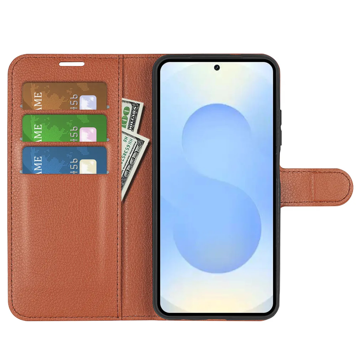 Bruine portemonnee met telefoon, kaarten en geld.