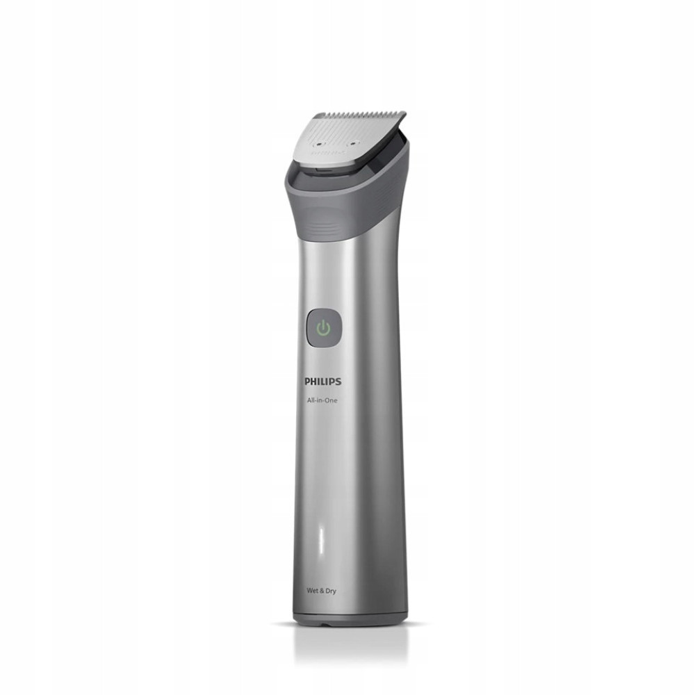 Silberner Philips All-in-One Trimmer mit grauen Akzenten und einem Netzteil.