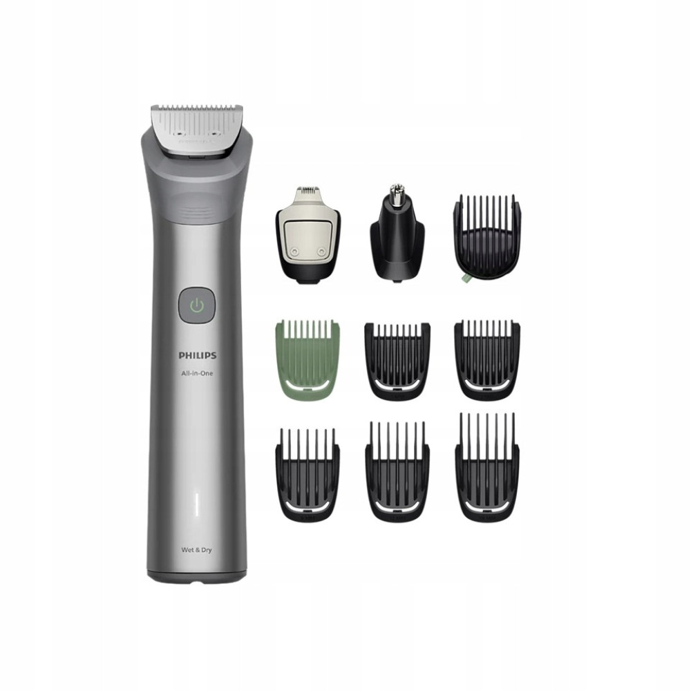 Ein Philips All-in-One Trimmer mit Aufsätzen und Kammaufsätzen.