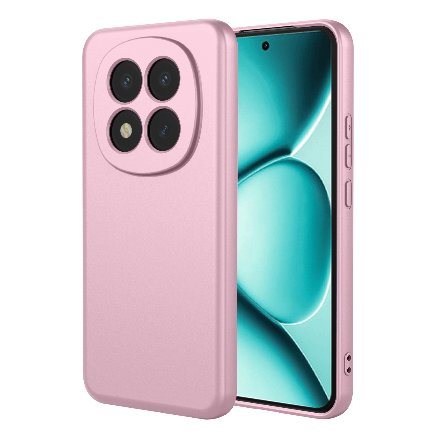 Een roze telefoonhoes met vier camera's naast een smartphone.