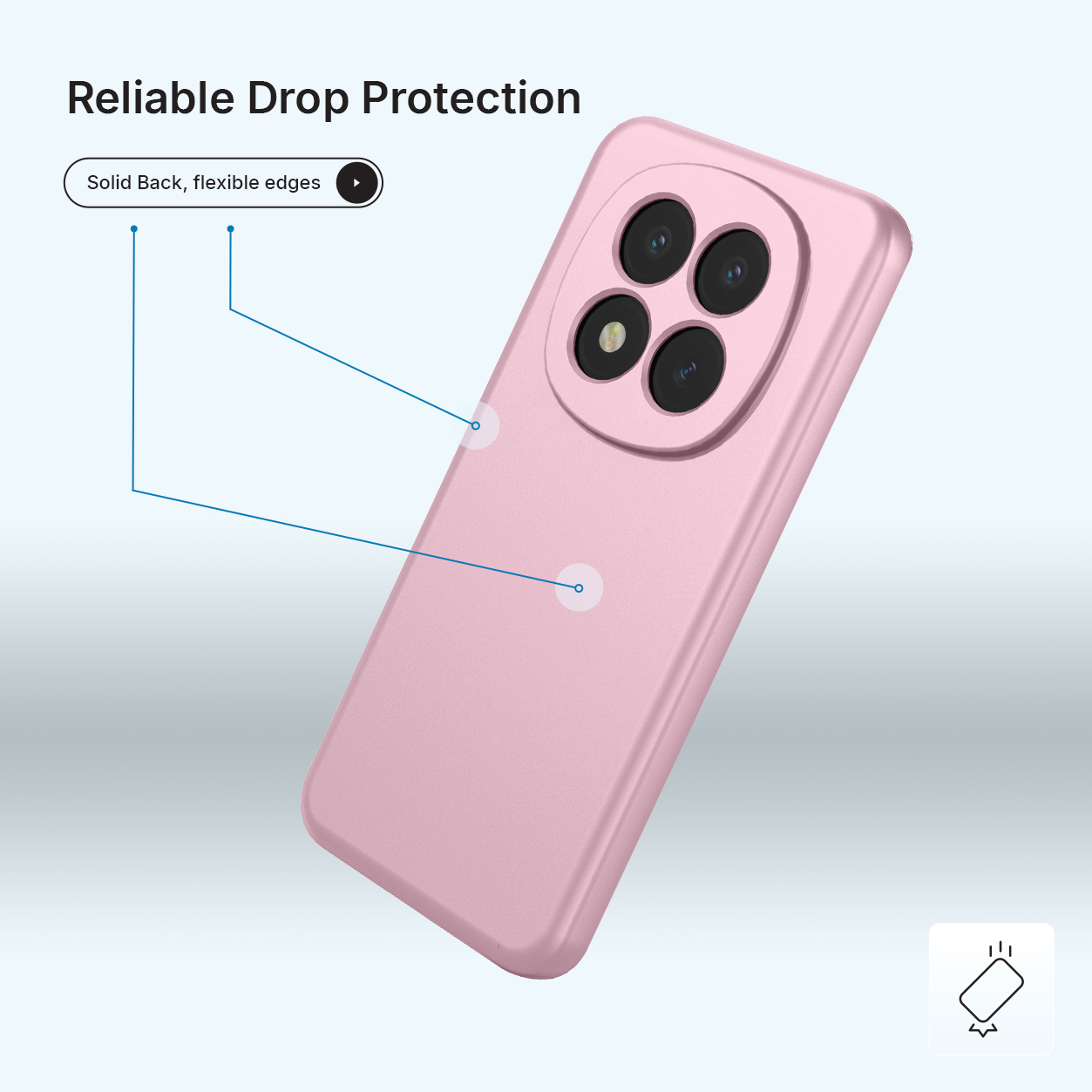 Een roze telefoonhoes met vier camera's. Betrouwbare valbescherming.