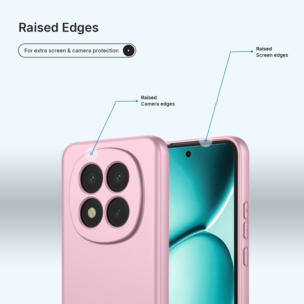 Een roze telefoonhoes met verhoogde randen voor camera- en schermbescherming.
