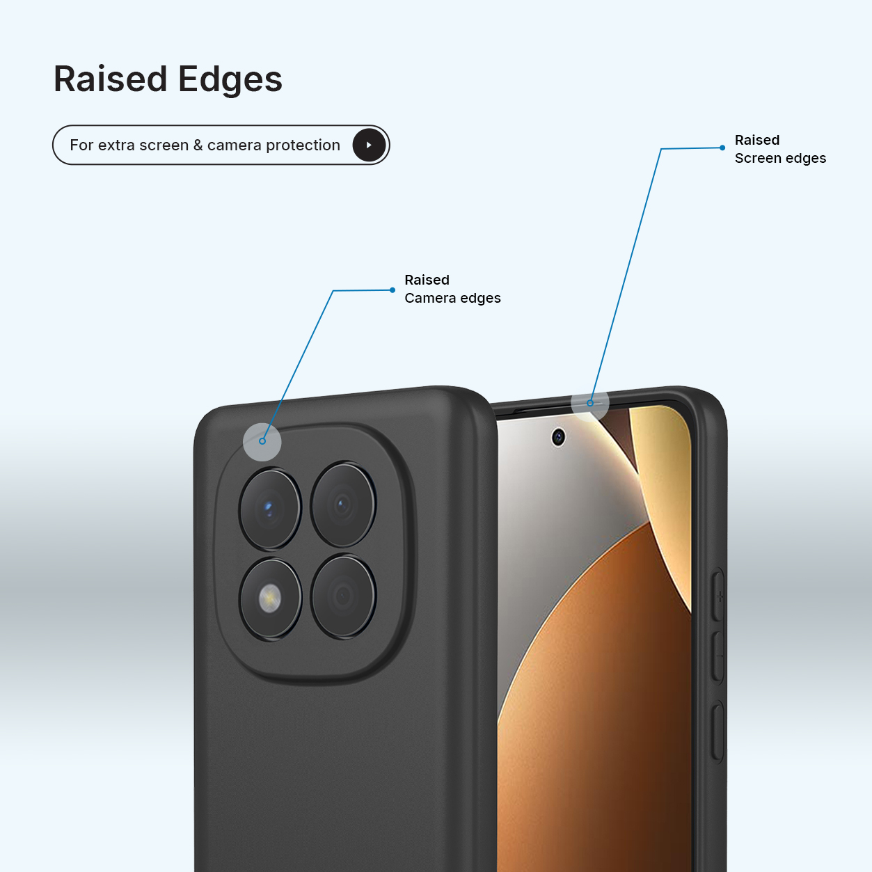 Een zwart telefoonhoesje met verhoogde randen rond camera en scherm.