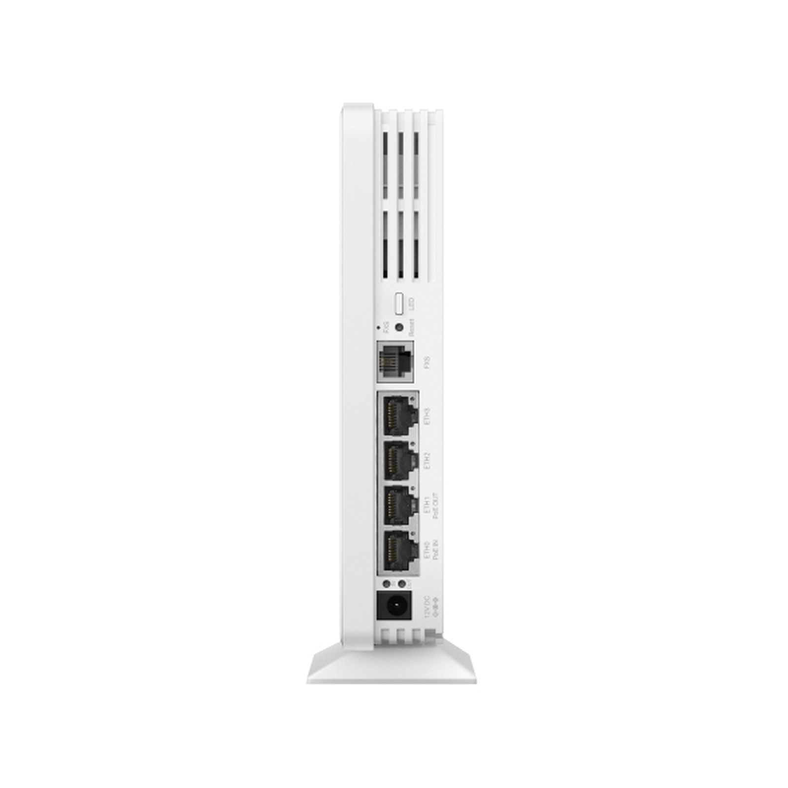 Białe urządzenie sieciowe z wieloma portami Ethernet i złączem zasilania DC.
