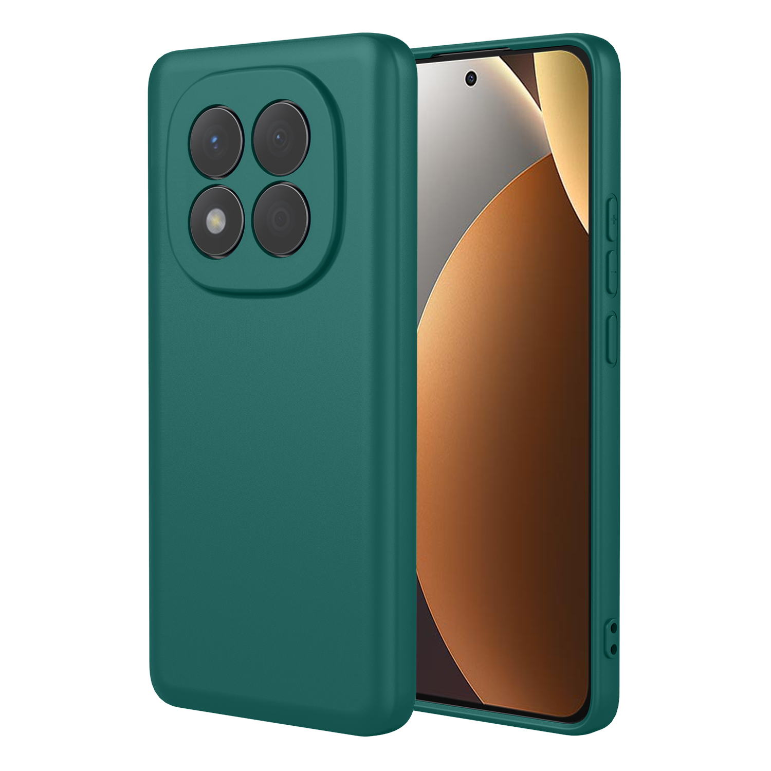 Een groene telefoonhoes met vier cameralenzen en een deel van het scherm.