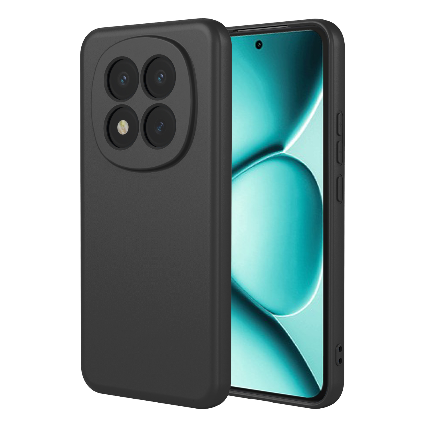 Zwarte smartphone met vier camera's aan de achterkant en blauw scherm.
