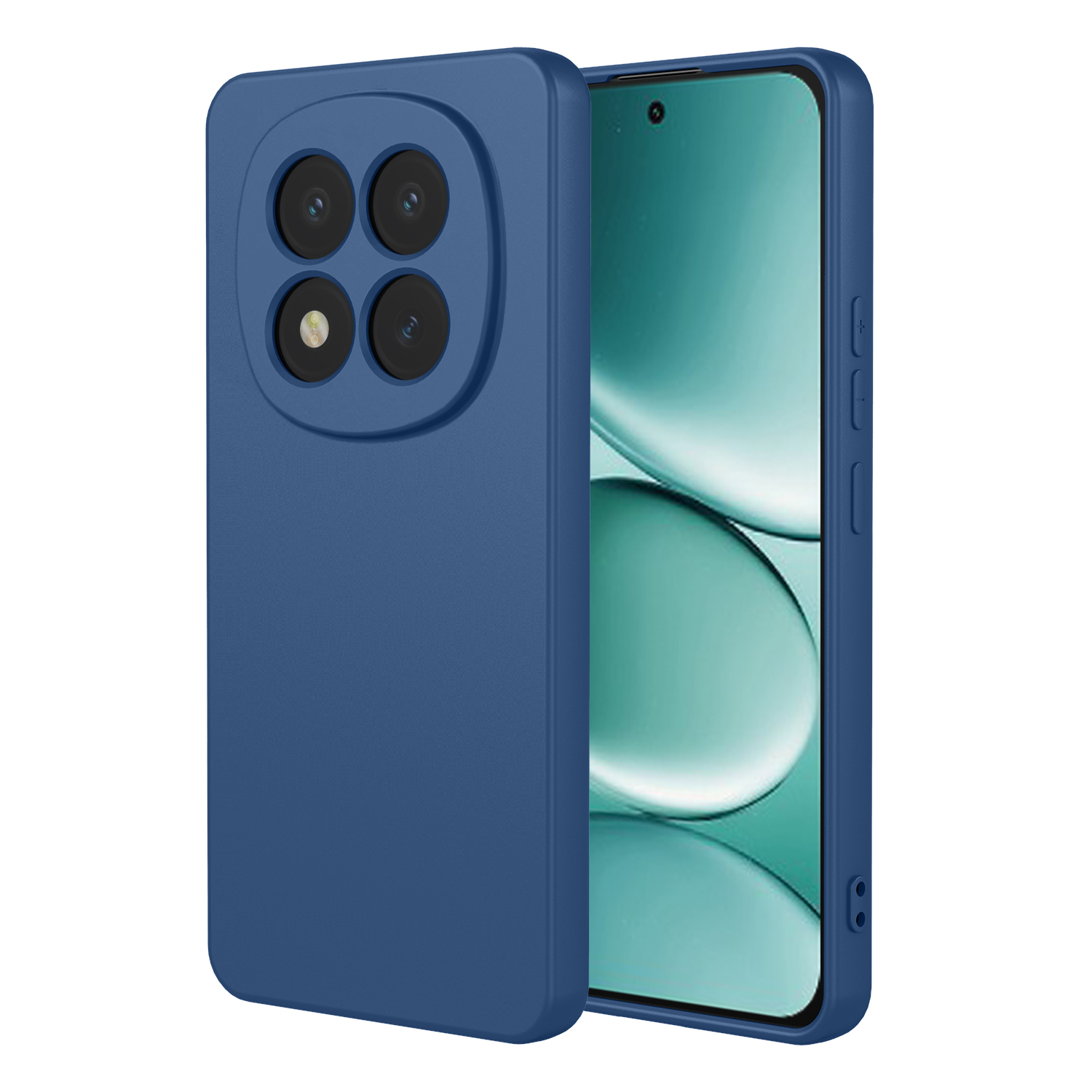 Blauw telefoonhoesje met vier cameralenssen en smartphonescherm.