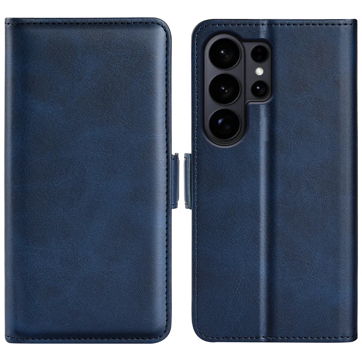 Étui de téléphone bleu foncé style portefeuille, ouvert montrant le module caméra.