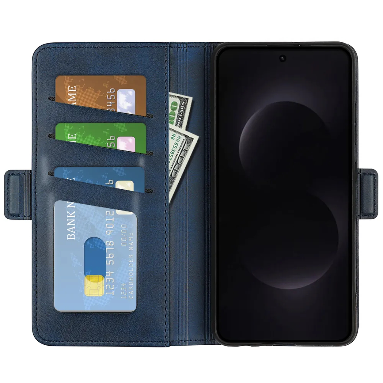 Un étui portefeuille bleu contient des cartes de crédit et de l'argent, avec un téléphone à droite.