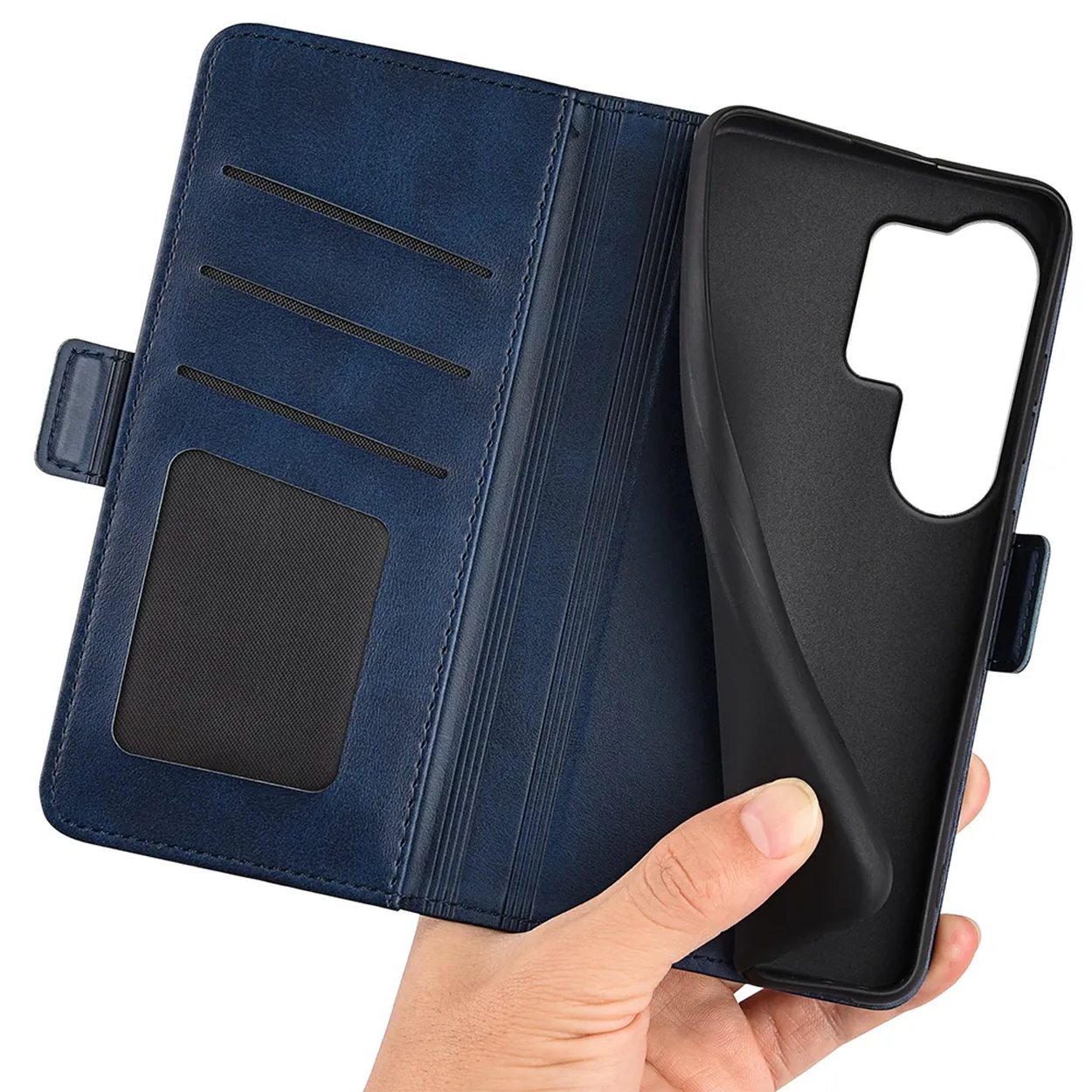 Étui bleu en cuir pour téléphone avec fentes pour cartes et découpes.