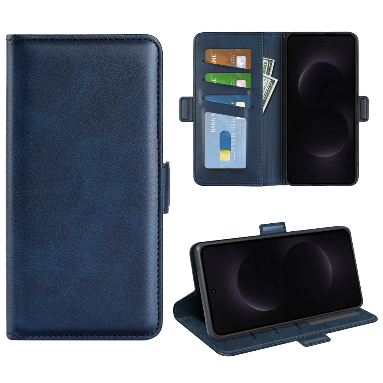 Étui portefeuille bleu pour smartphone avec fentes pour cartes.