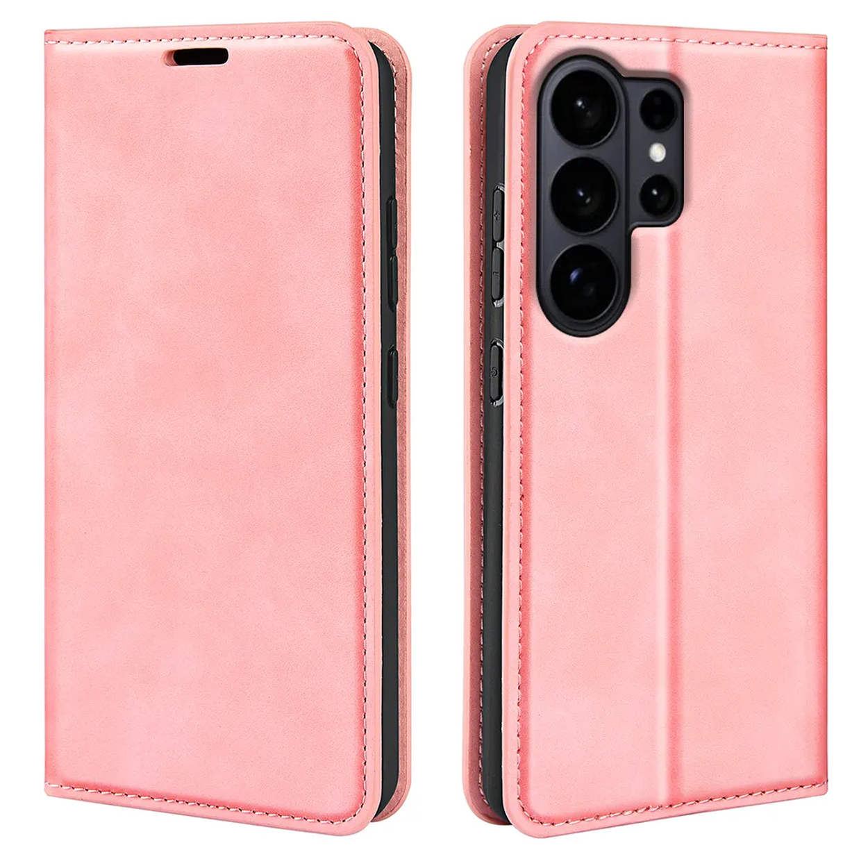 Een roze telefoonhoes met drie camera's, gesloten en open.