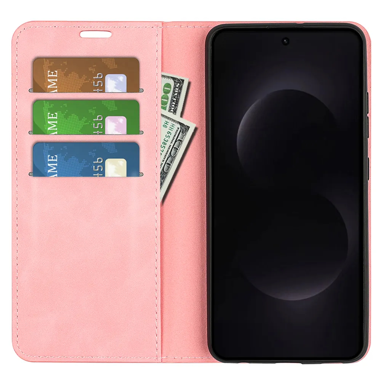 Roze telefoonhoesje met kaartsleuven, bankbiljetten en donker scherm.