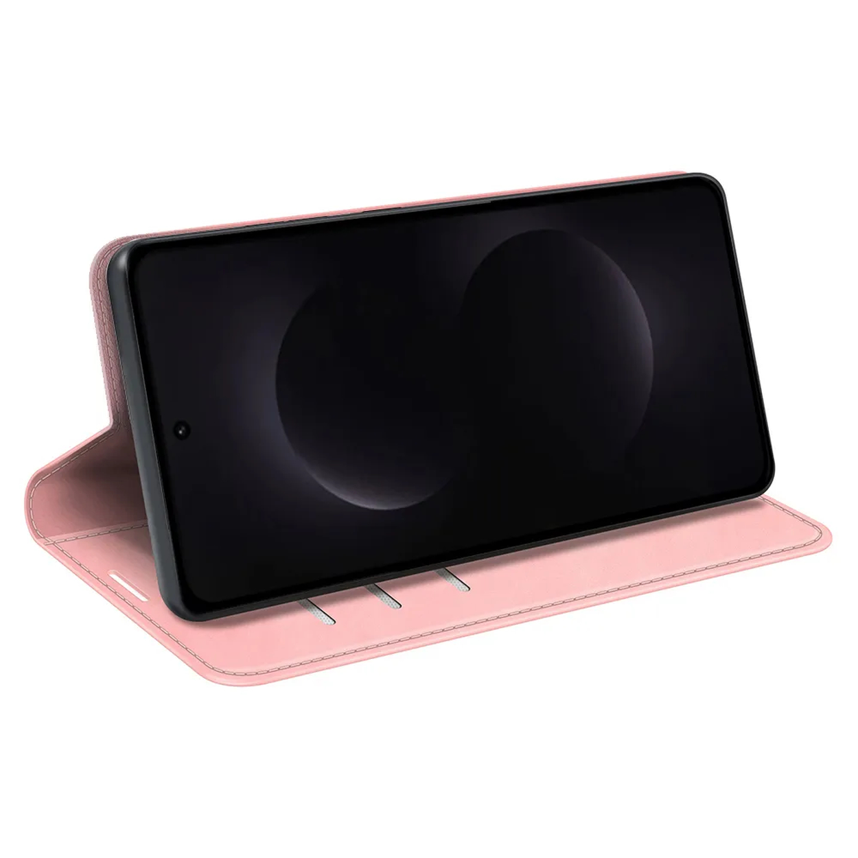 Een roze smartphone in een flipcase, rustend op een witte ondergrond.
