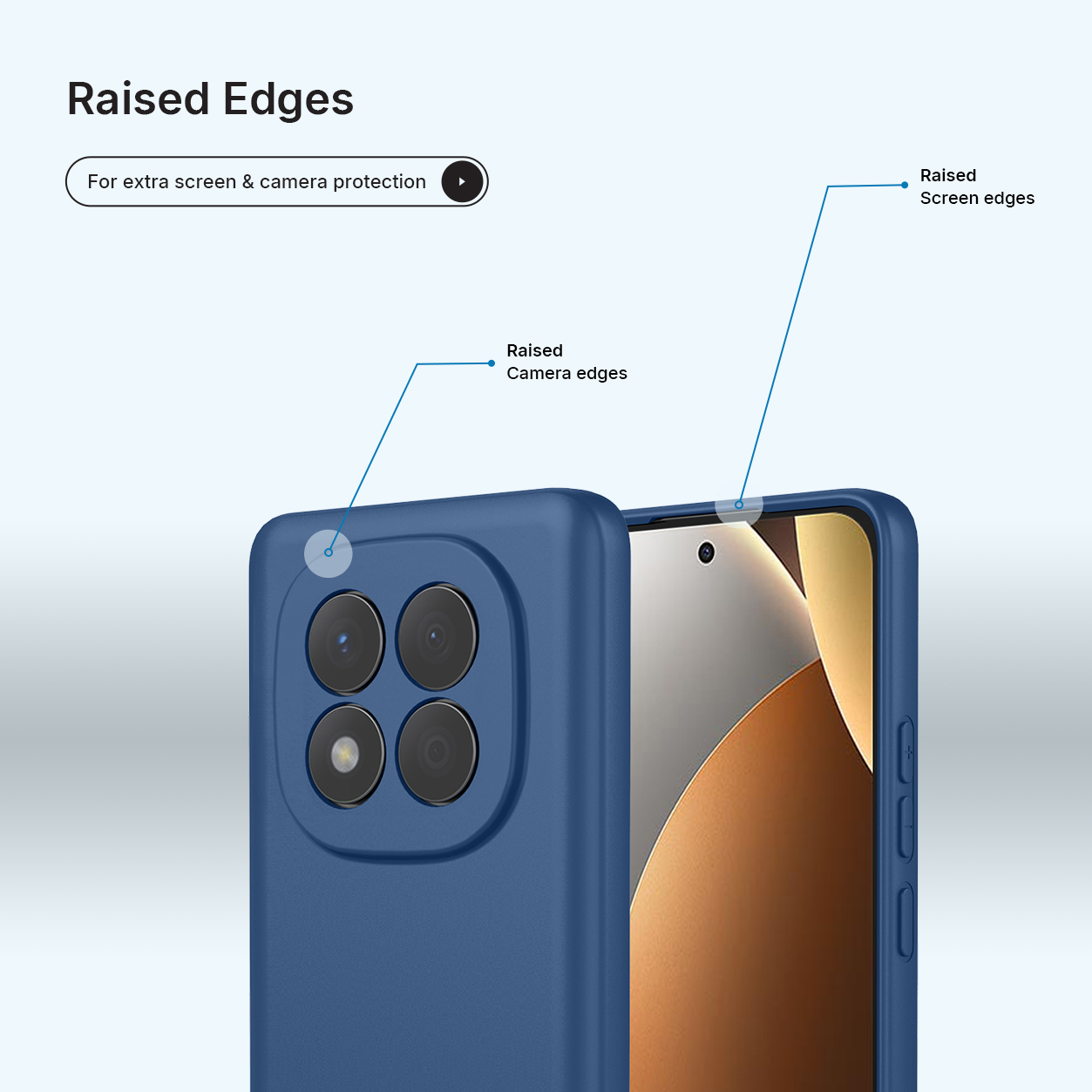 Blauw telefoonhoesje met verhoogde randen voor camera- en schermbescherming.