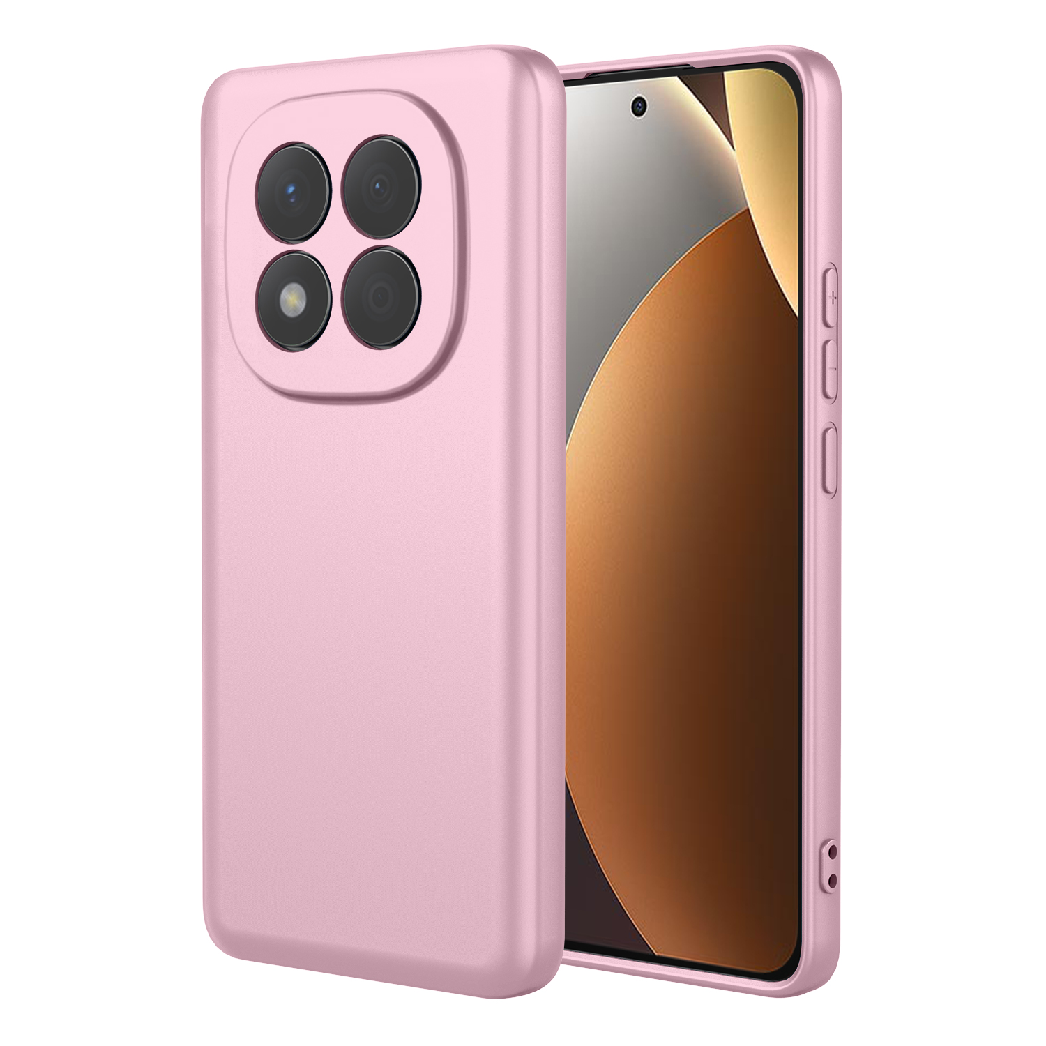 Een roze telefoonhoes met vier cameralenzen en zijknopjes.