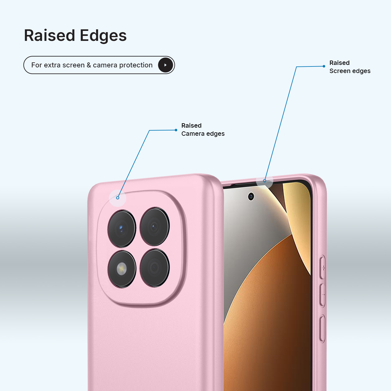 Een roze telefoonhoes met verhoogde randen ter bescherming van camera en scherm.