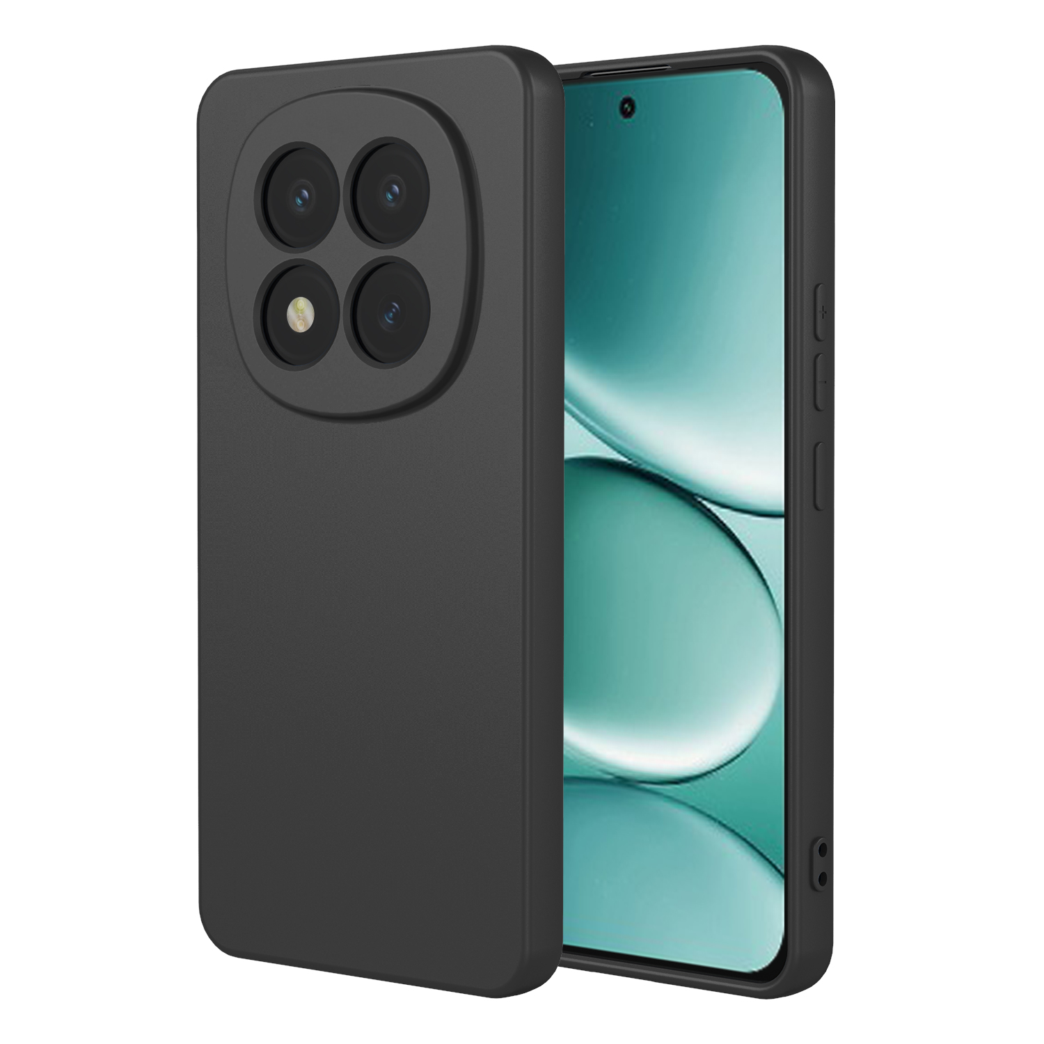 Een zwarte smartphone met vier camera's in een rechthoekige opstelling.