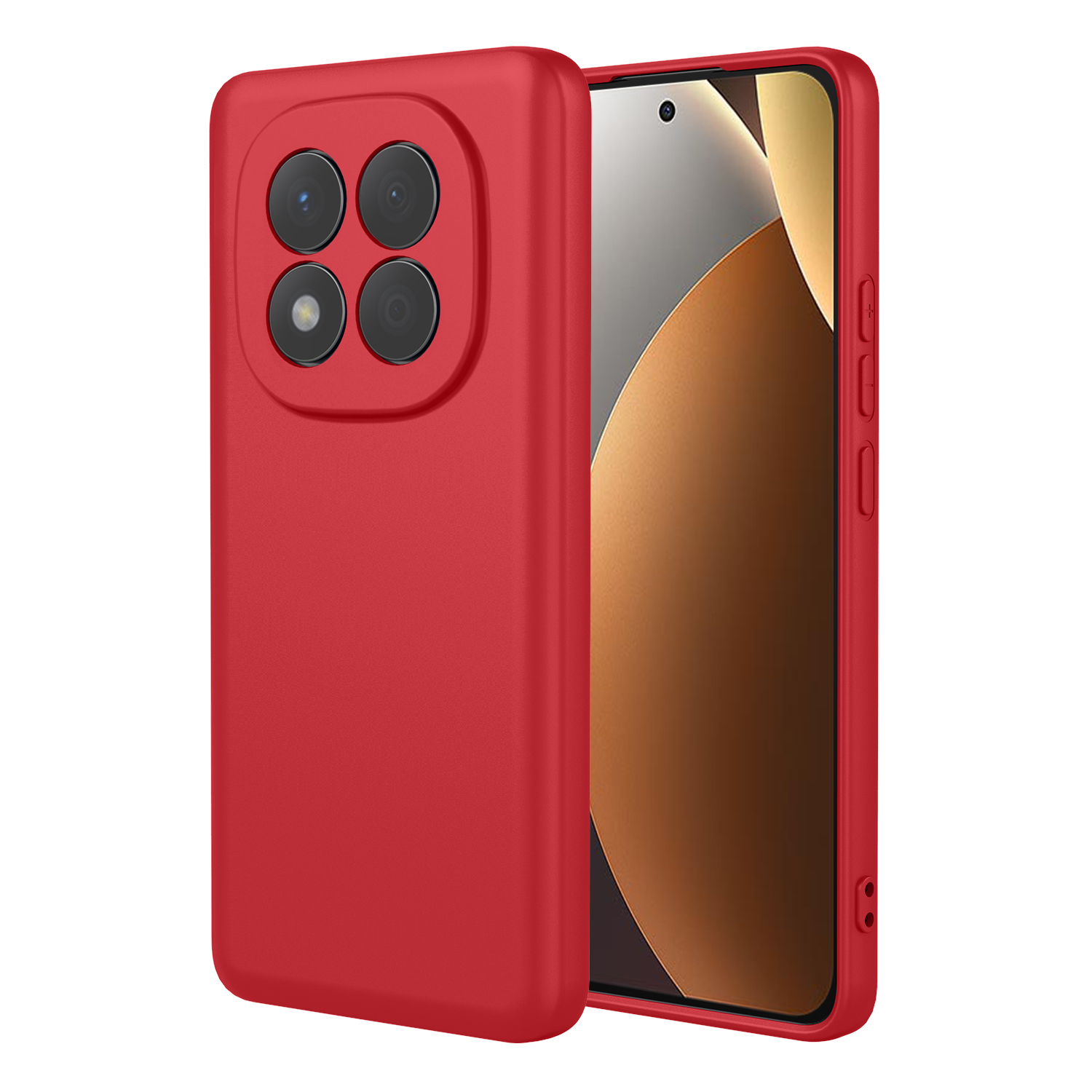 Coque de téléphone rouge avec quatre caméras et un écran.
