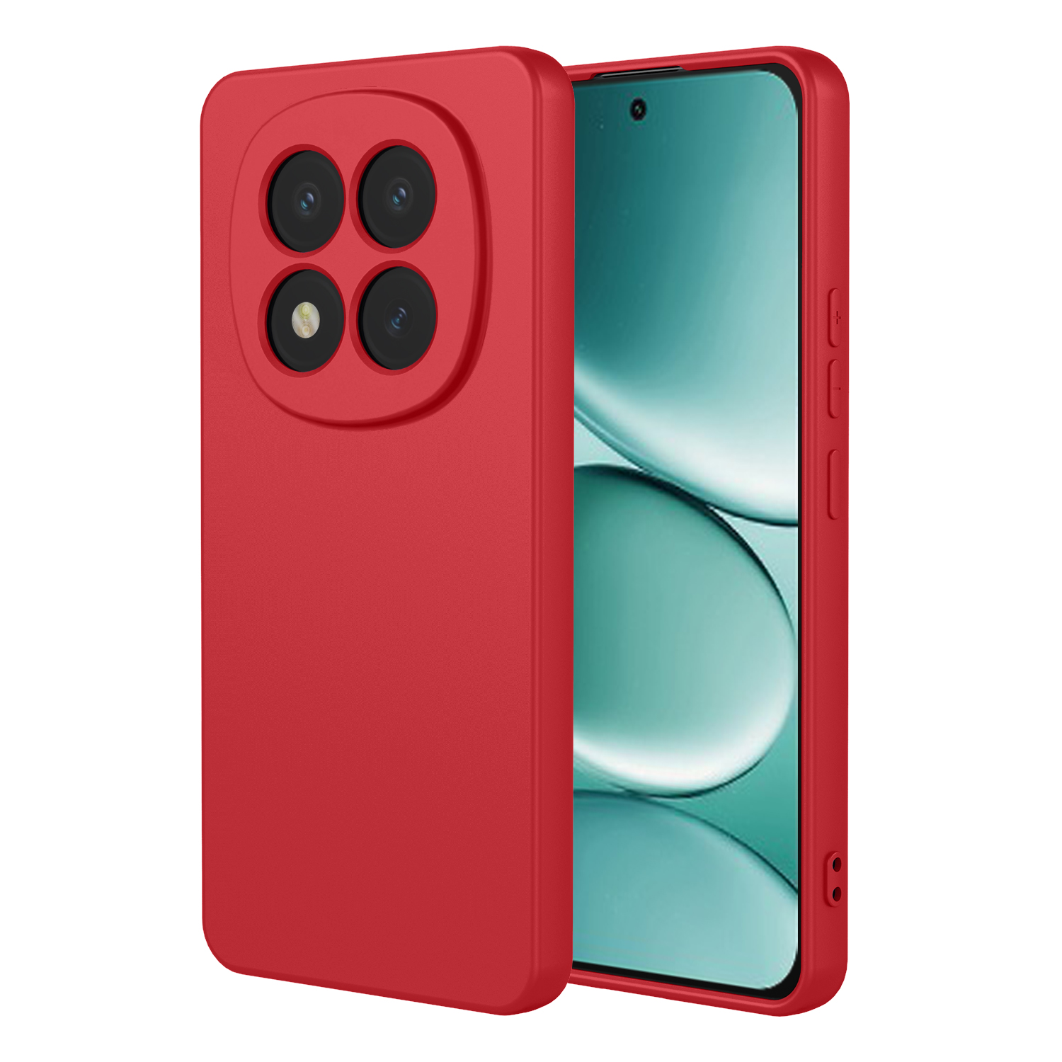Rode telefoonhoes met vier cameralenzen en smartphone met groen scherm.