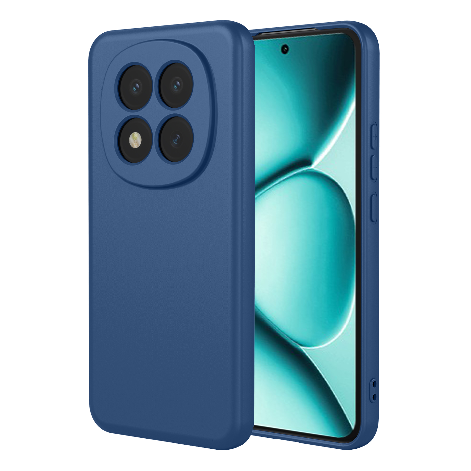 Een blauwe telefoonhoes met vier camera's en een blauwe telefoon.