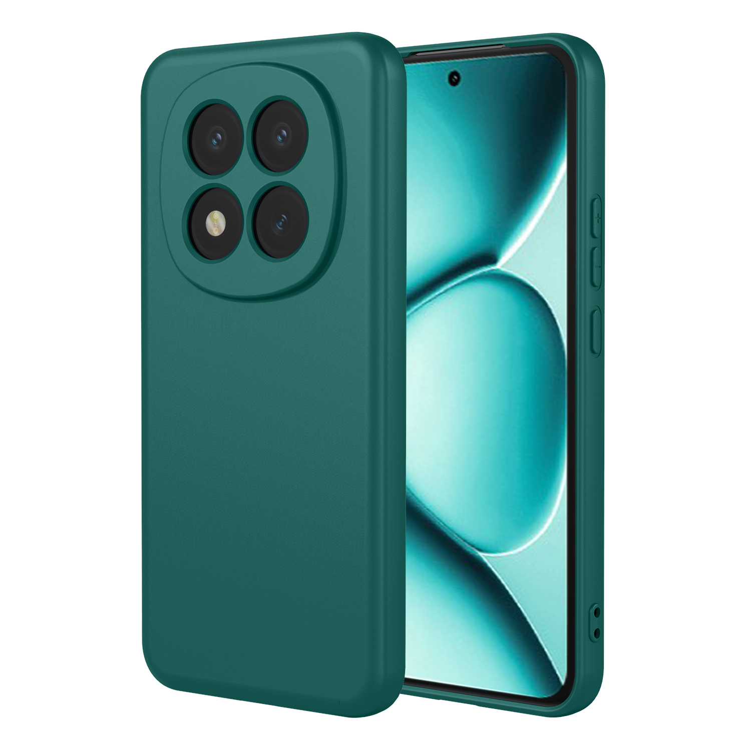Coque de téléphone vert foncé avec quatre objectifs de caméra et une partie de l'écran.