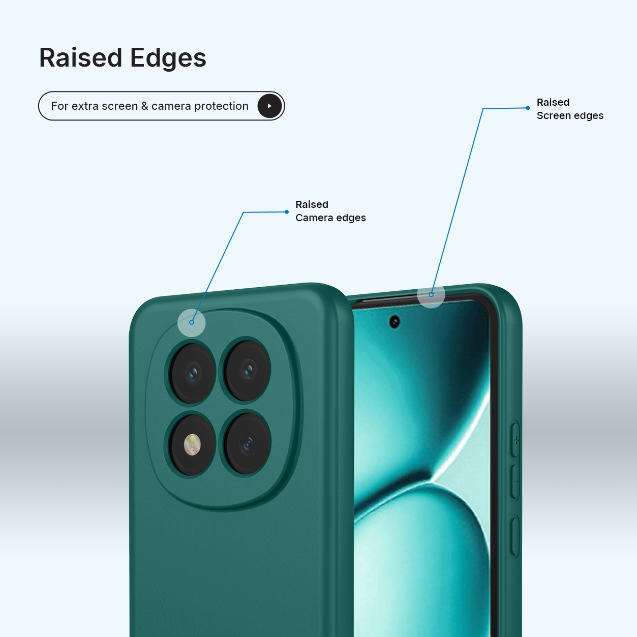 Coque de téléphone verte avec bords surélevés pour protéger caméra et écran.