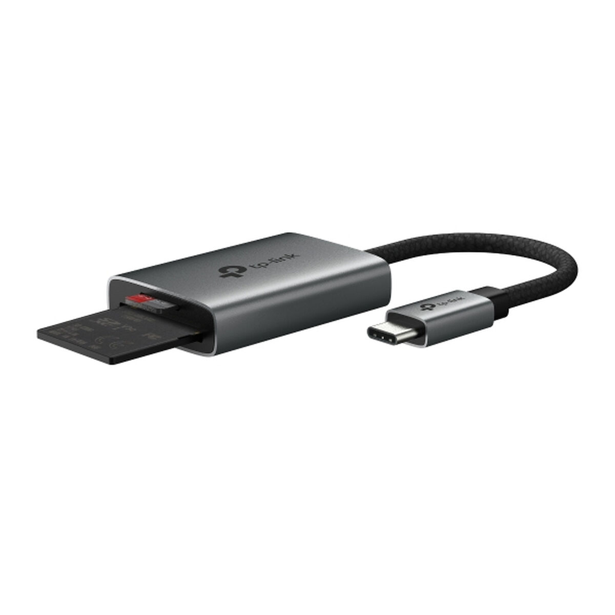 Szary czytnik kart SD ze złączem USB-C i włożoną kartą SD.