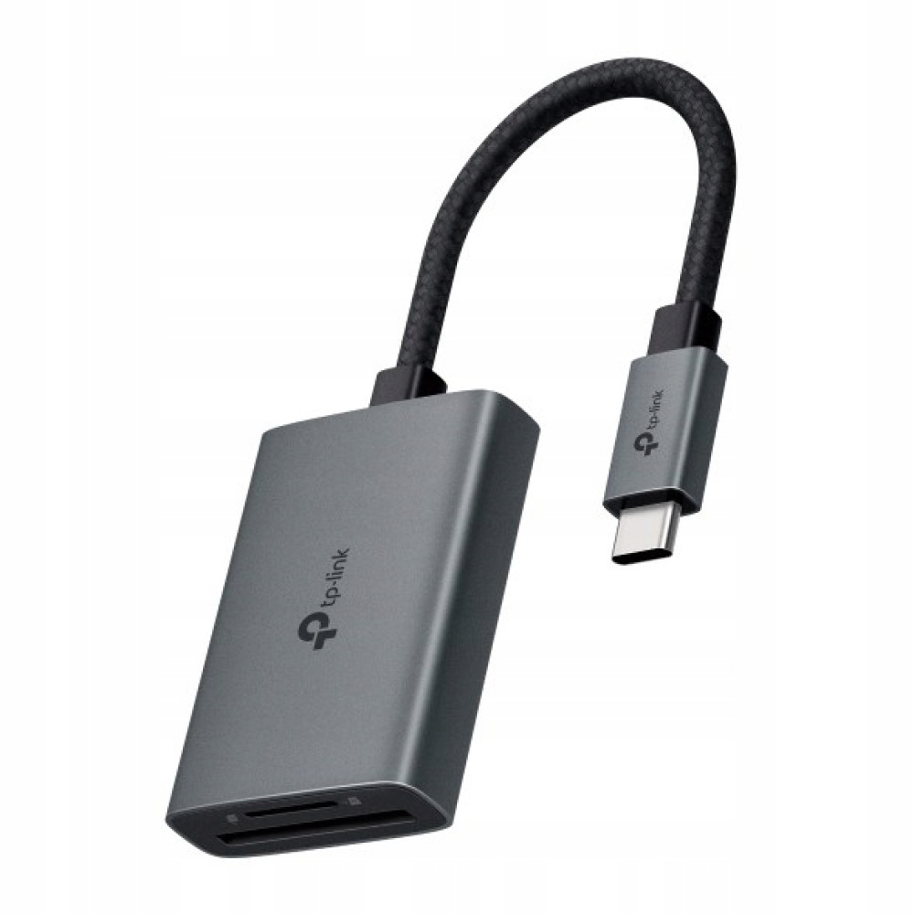 Szary czytnik kart TP-Link ze złączem USB-C i plecionym kablem.