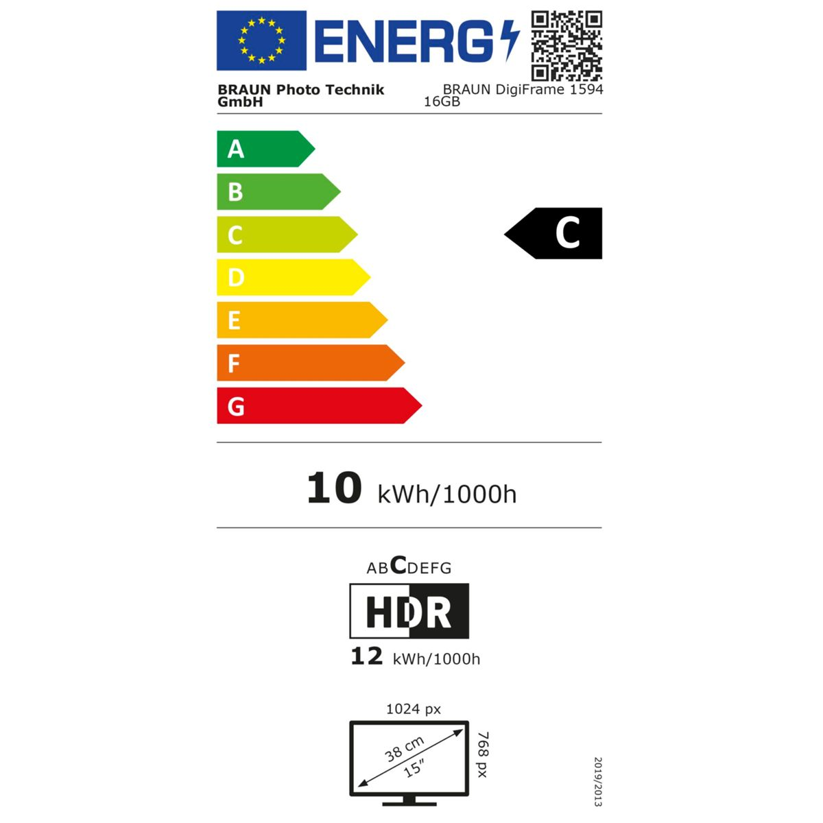 Energielabel mit Skala von A bis G, Energieklasse C, 10 kWh/1000h.