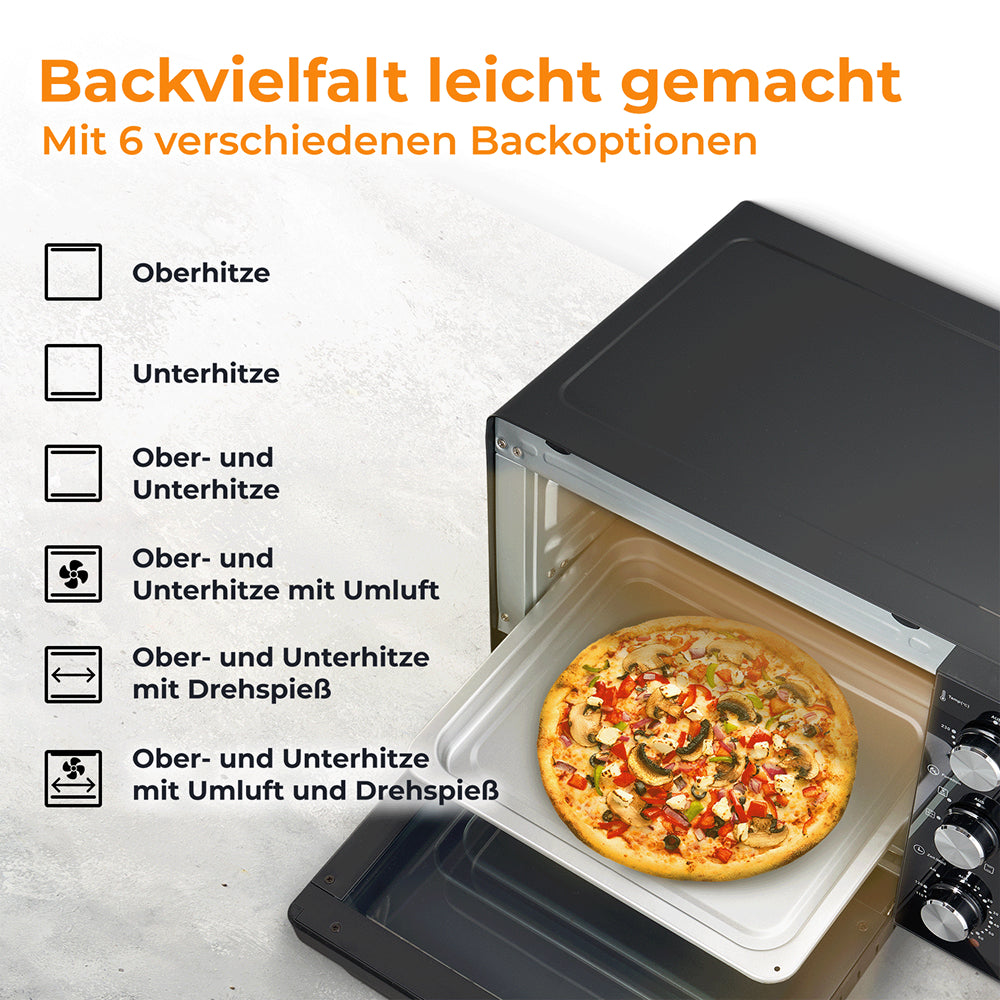 Ein Backofen mit einer Pizza auf dem Rost. Links sind Backoptionen aufgeführt.