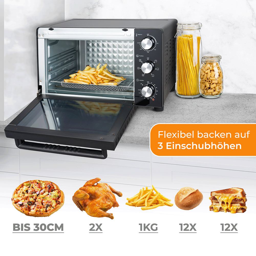 Ein Ofen mit Pommes, daneben Gläser mit Nudeln und eine Pizza, ein Braten, Brötchen, Toast.