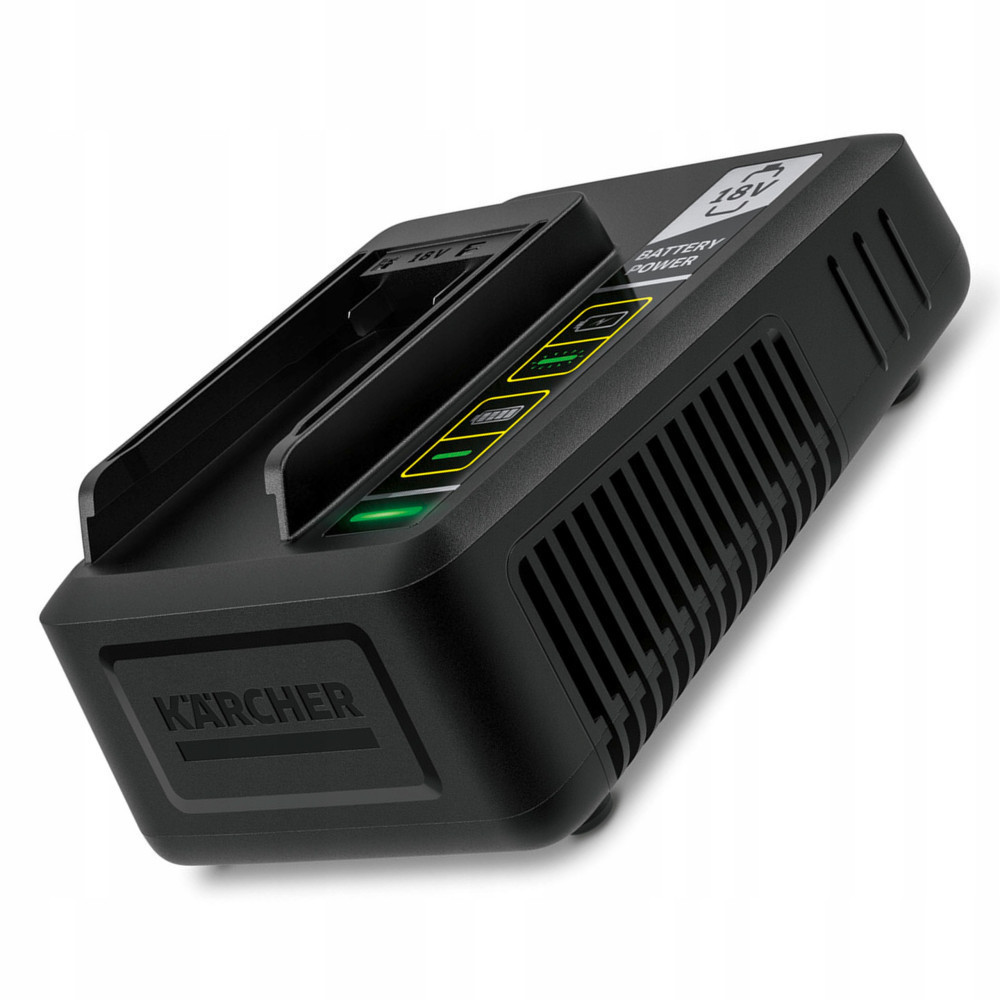 Czarna ładowarka Kärcher 18V ze wskaźnikami ładowania i otworami wentylacyjnymi.