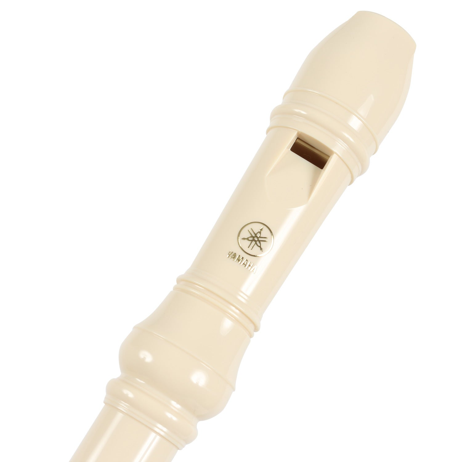 Beżowy flet prosty z logo Yamaha i otworem powietrznym.