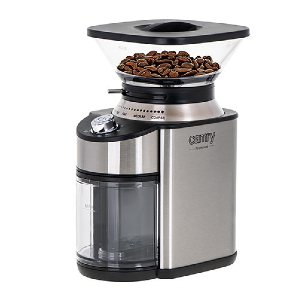 Un macinacaffè argentato con contenitore in vetro, riempito di chicchi di caffè.