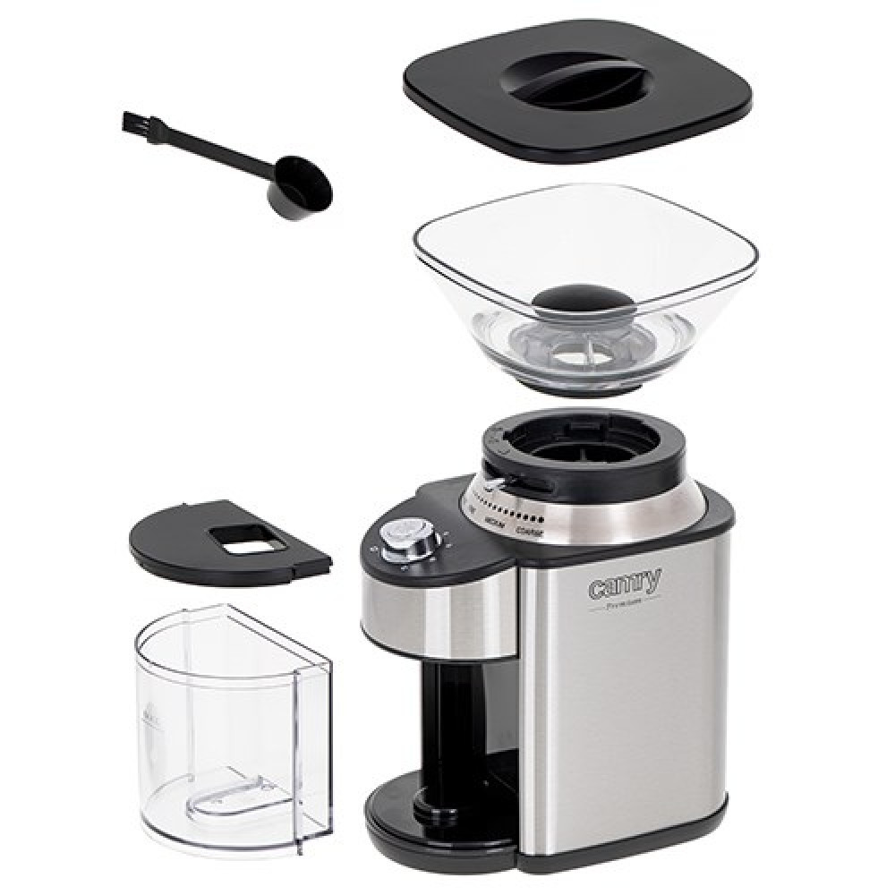 Macinacaffè in acciaio inox smontato con accessori: tramoggia in vetro, coperchio, misurino e contenitore.