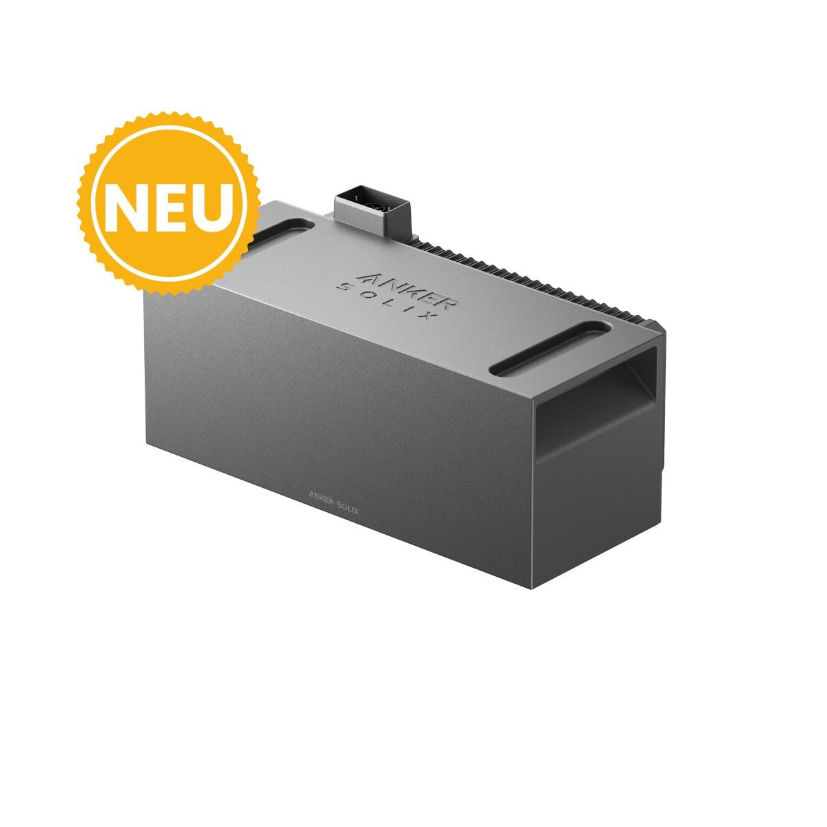 Graues Anker Solix Gerät mit gelbem "NEU"-Aufkleber.