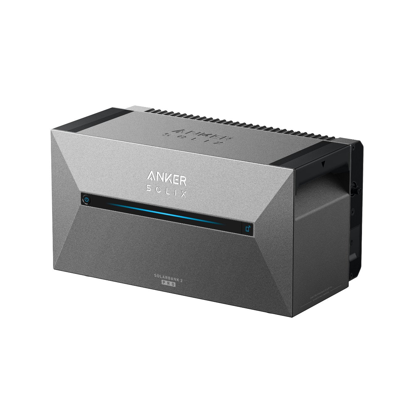 Grauer Anker Solix Solarbank 2 Pro mit blauem Lichtstreifen und Power-Symbolen.