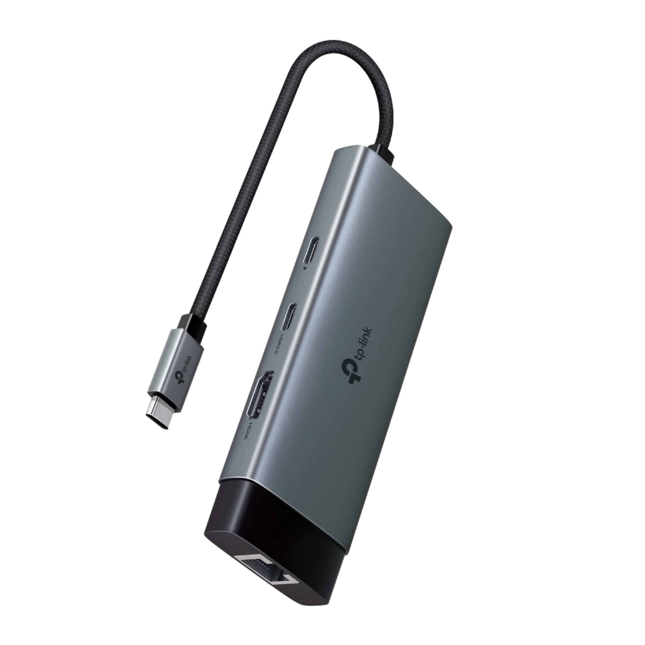 Szary hub USB-C z portami HDMI, USB 3.0 i portem Ethernet.