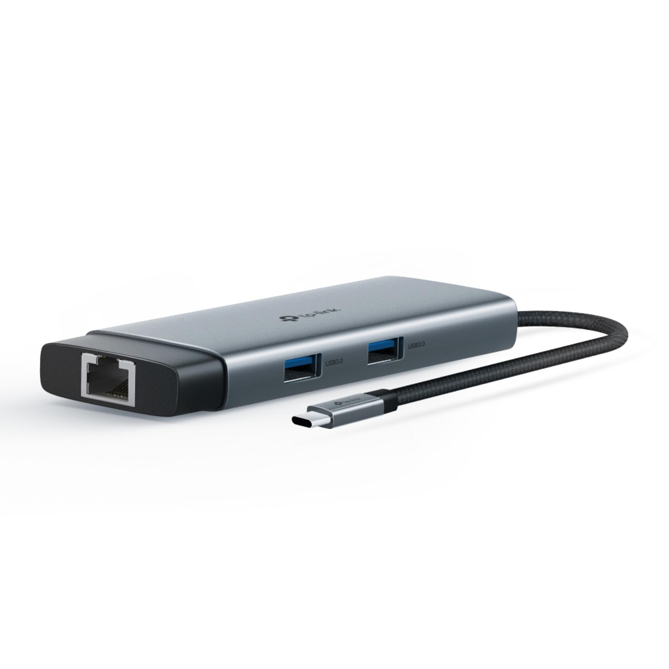 Szary hub USB-C z dwoma portami USB 3.0, portem Ethernet i kablem.
