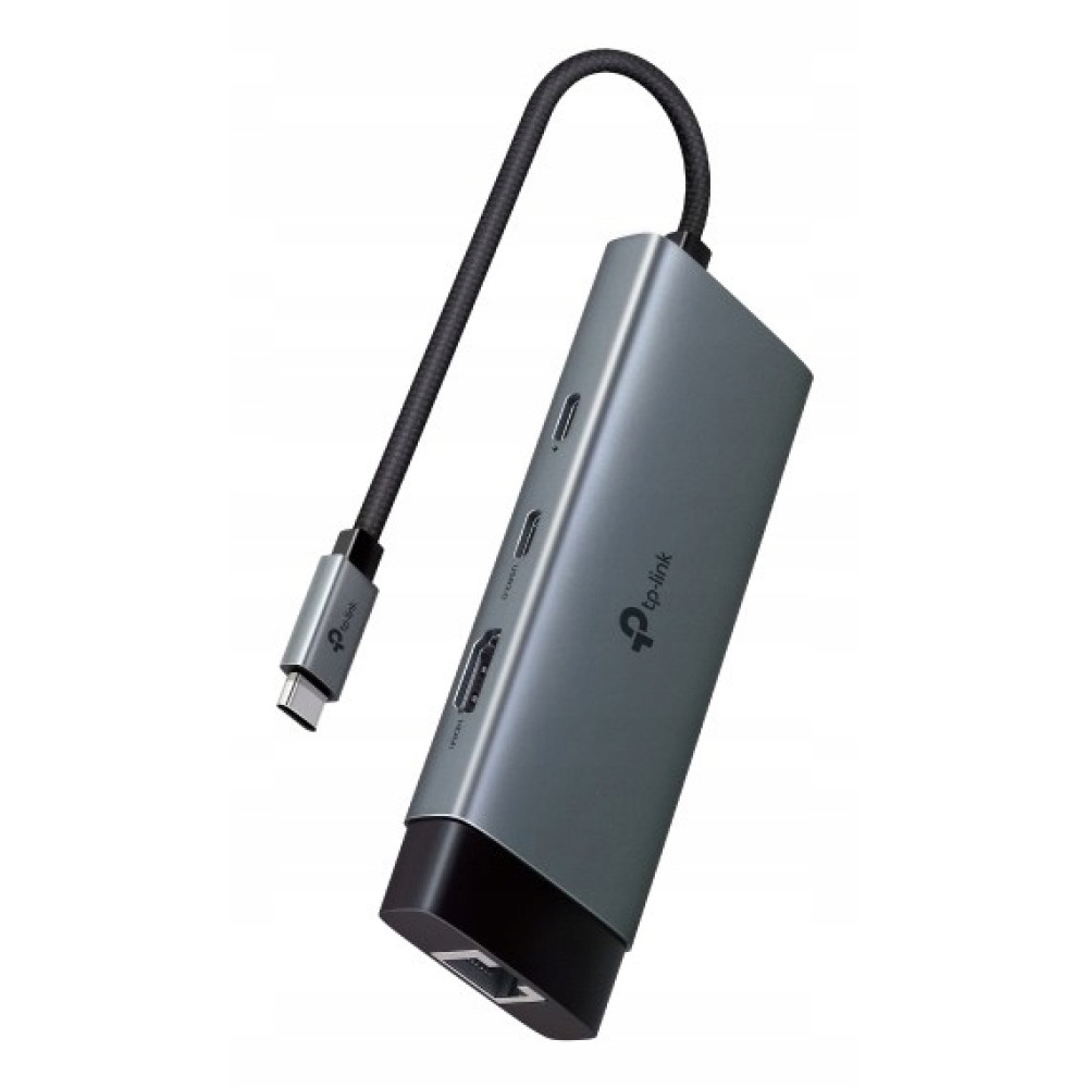 Szary hub USB-C z portami HDMI, USB i Ethernet.