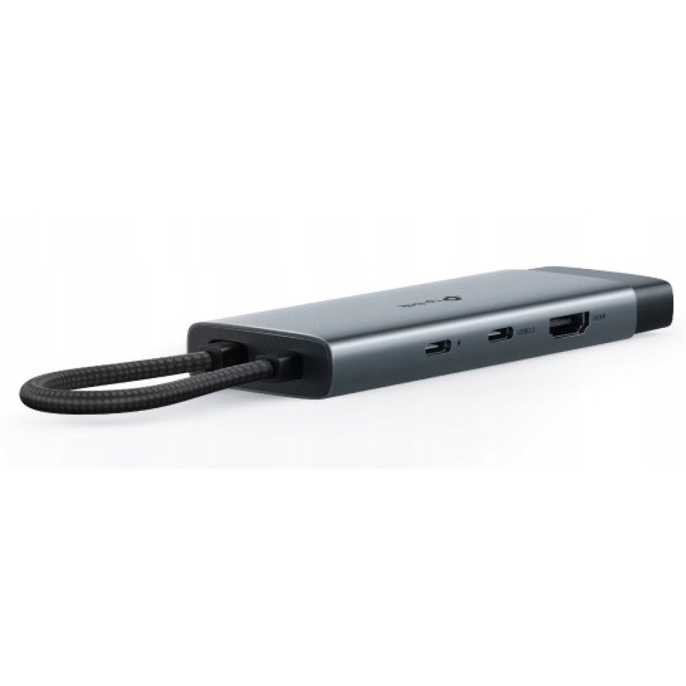 Szary hub USB-C z portami USB-A, HDMI i USB-C oraz plecionym kablem.