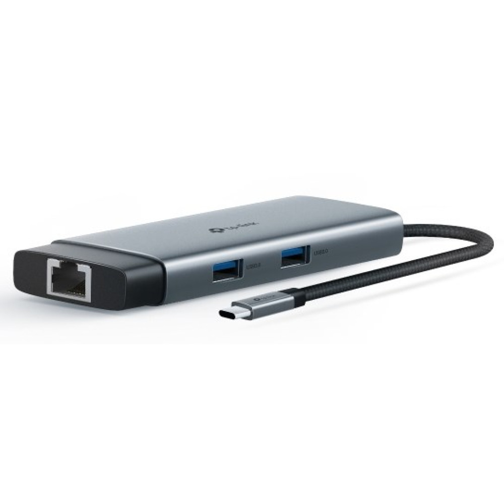 Szary hub USB-C z portem Ethernet, dwoma portami USB i kablem.