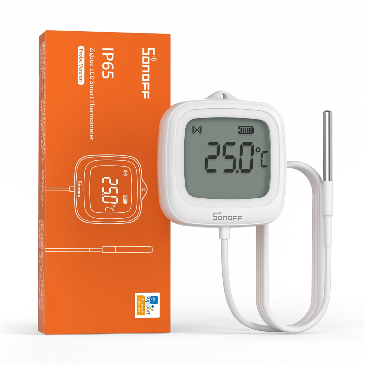 Un termometro Sonoff bianco con display LCD mostra 25,0°C.
