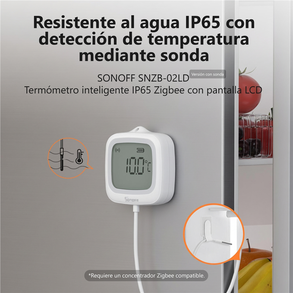 Termometro bianco con sonda su porta frigo, mostra 10.0°C.
